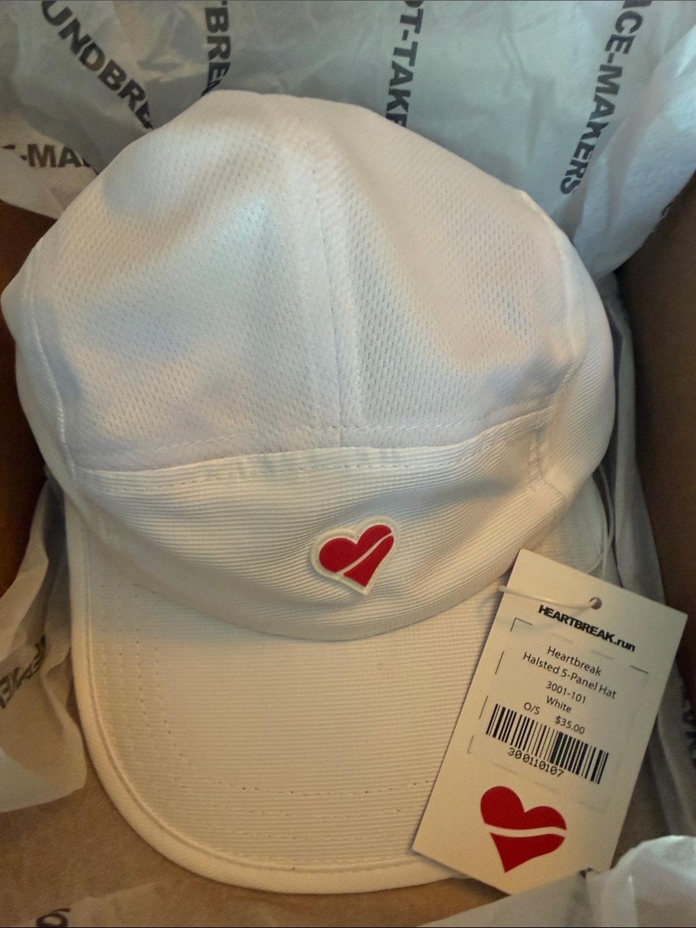 Heartbreak White 5Panel Running Hat with Red Heart Logo